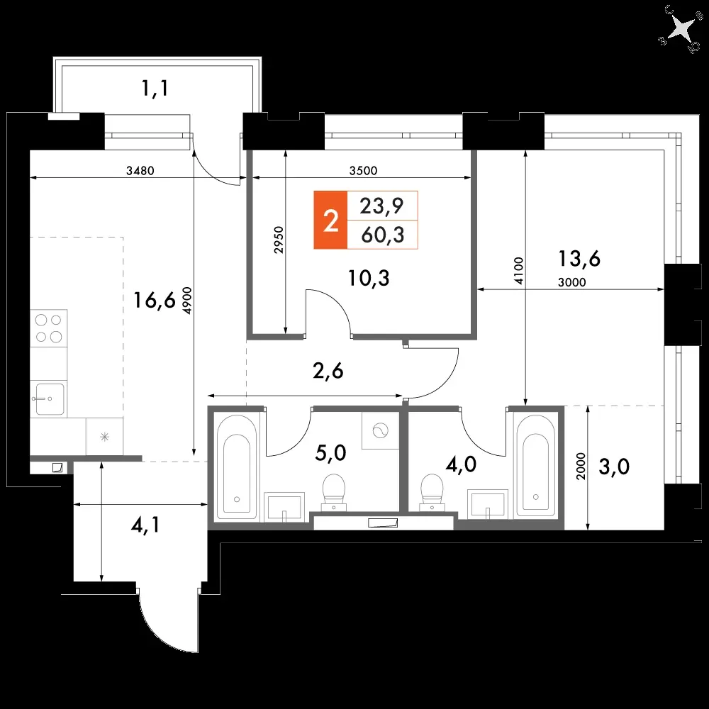 2-комнатная, 62,8 м² — 16 231 338 ₽