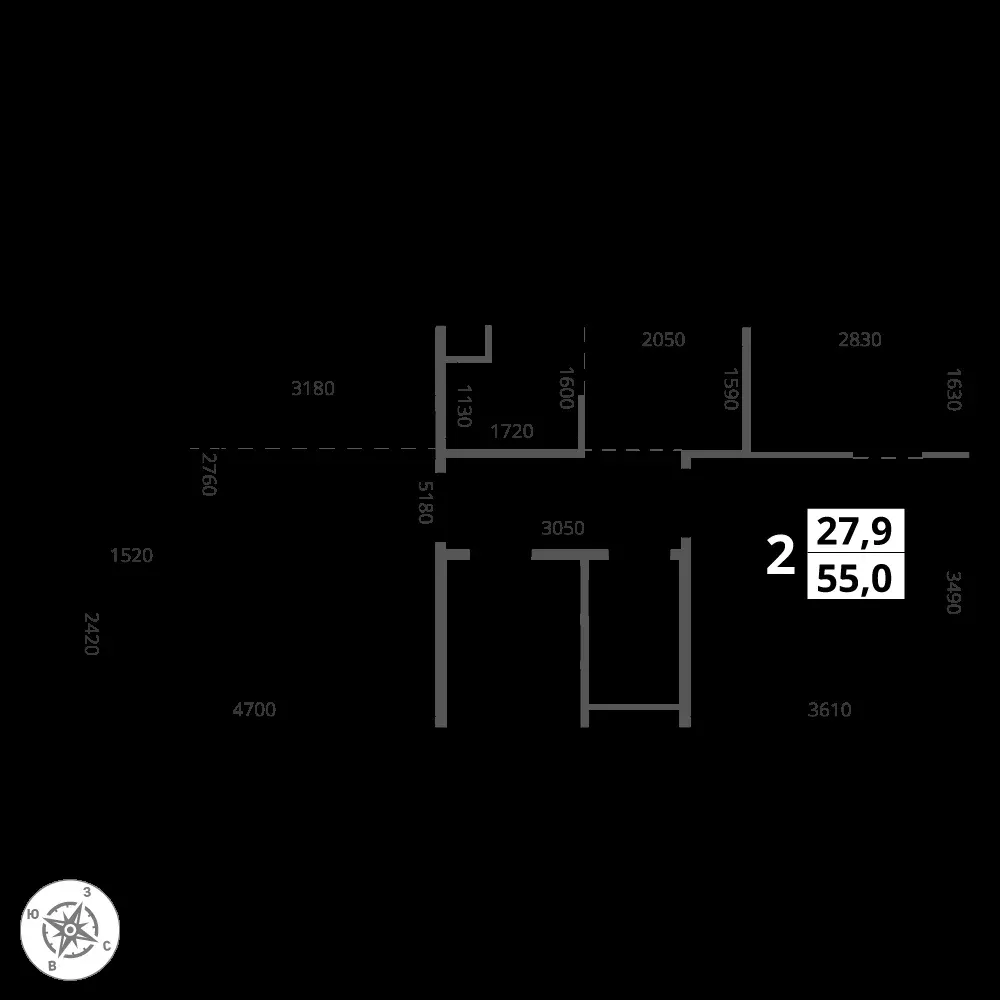 2-комнатная, 55 м² — 19 805 280 ₽