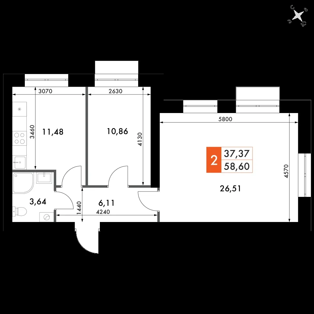 2-комнатная, 58,3 м² — 8 784 167 ₽