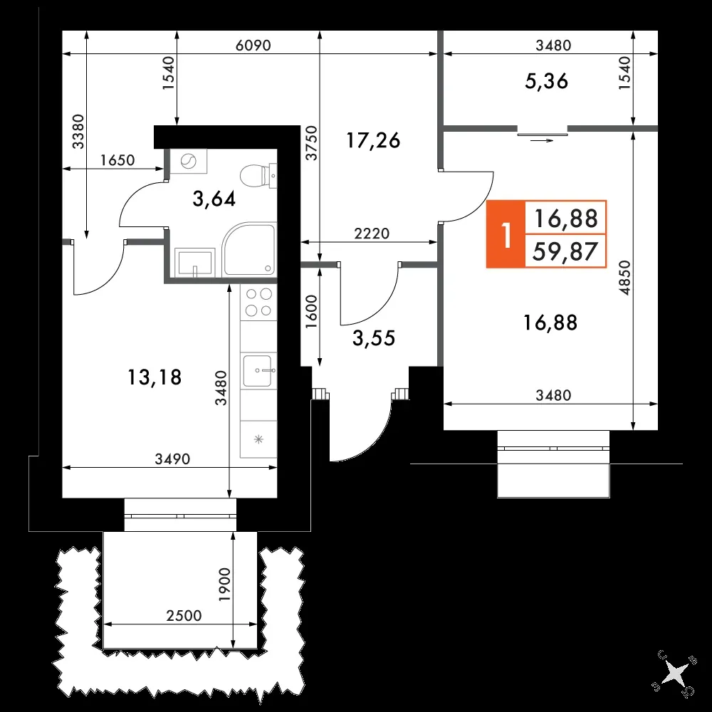 1-комнатная, 58,6 м² — 8 442 191 ₽