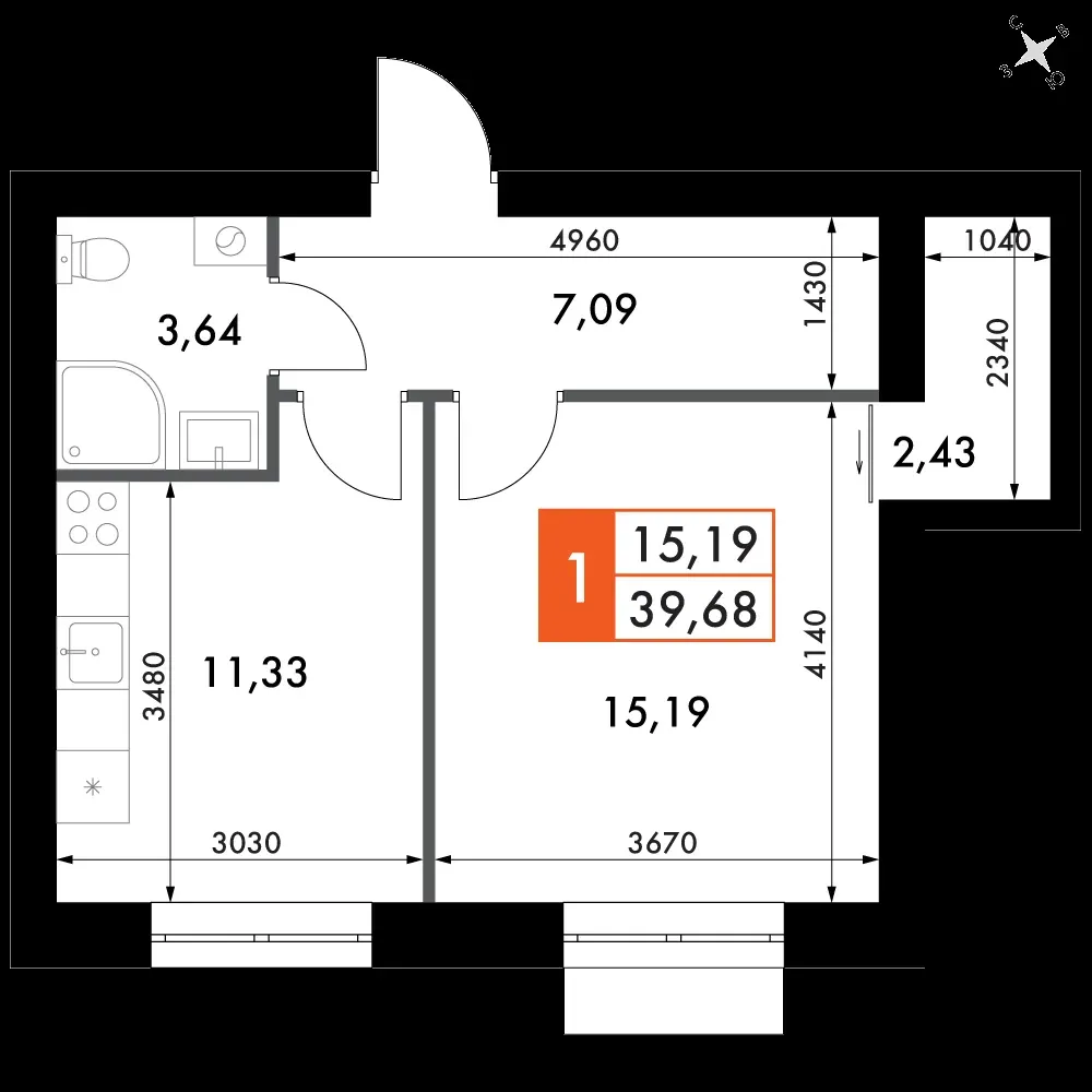 1-комнатная, 39,9 м² — 6 968 600 ₽