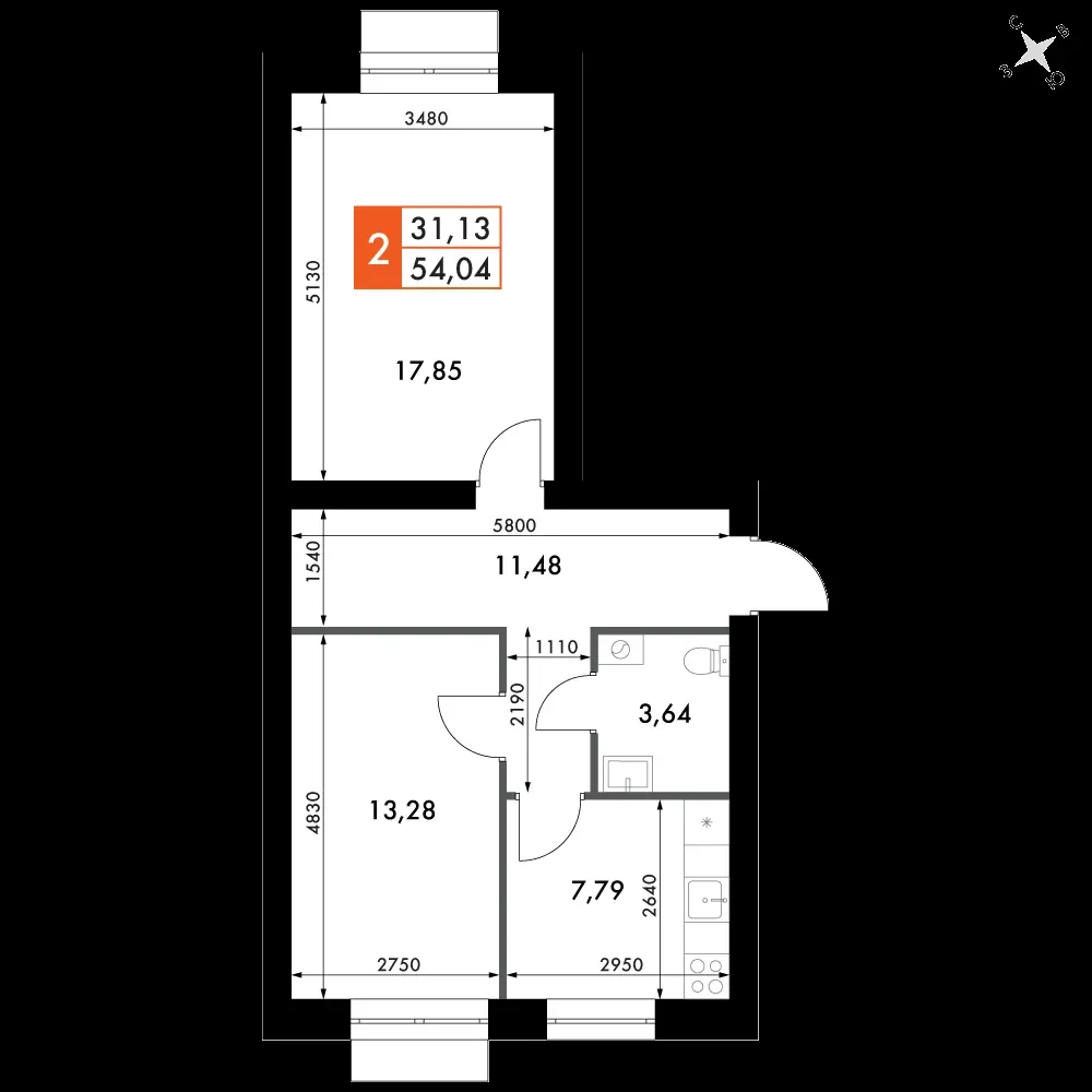 2-комнатная, 53,7 м² — 8 267 955 ₽