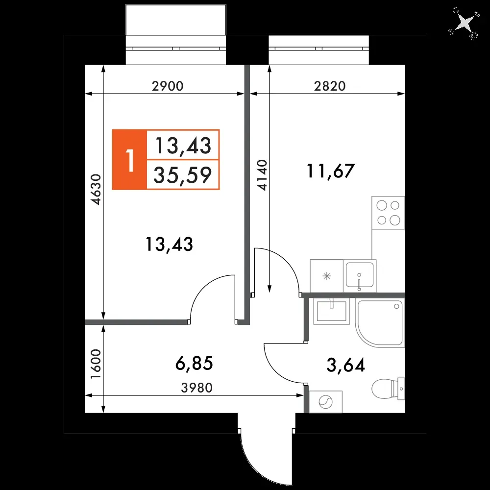 1-комнатная, 35,5 м² — 6 215 852 ₽
