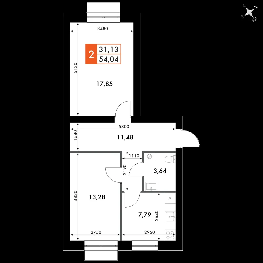 2-комнатная, 54 м² — 8 361 125 ₽