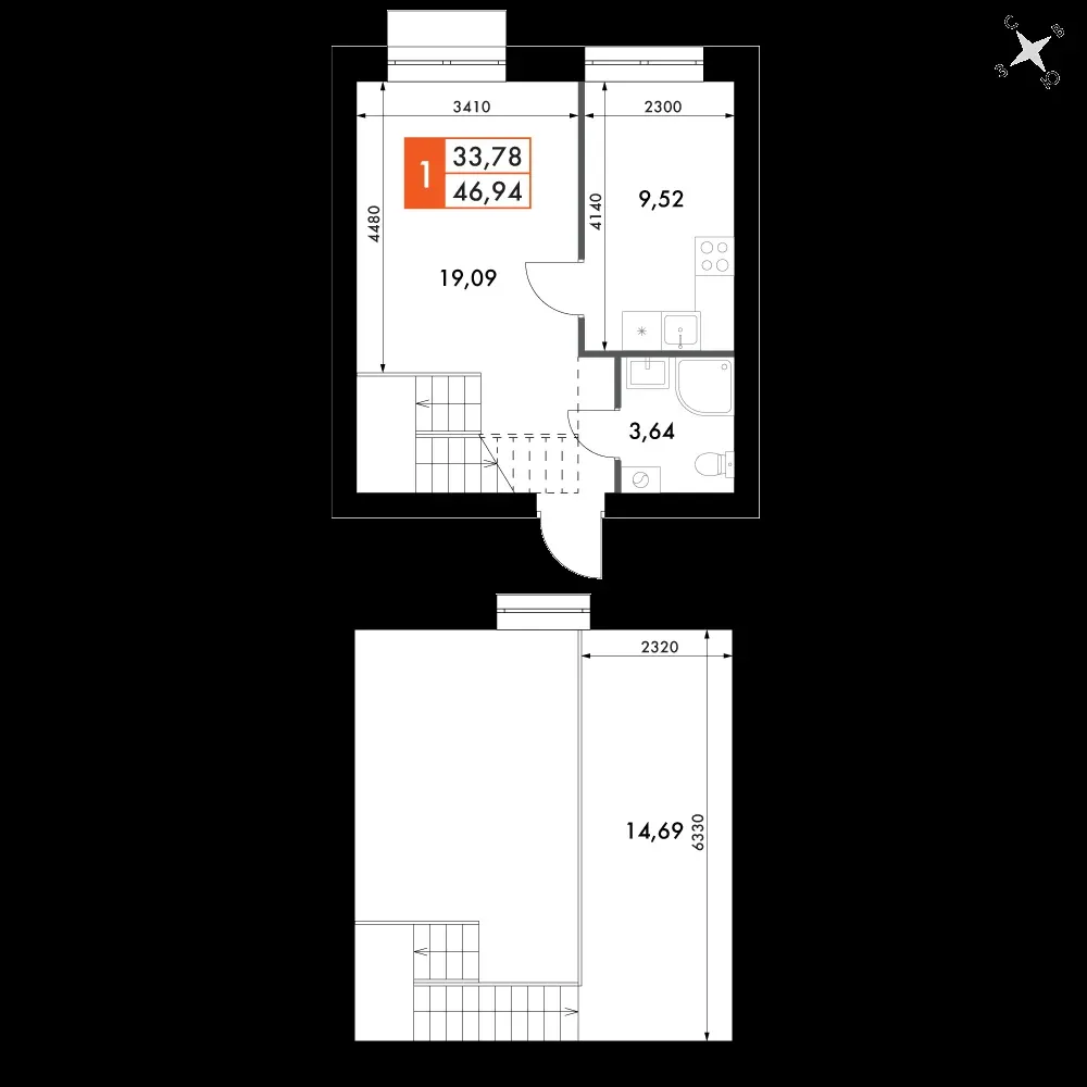 1-комнатная, 46,4 м² — 7 843 421 ₽