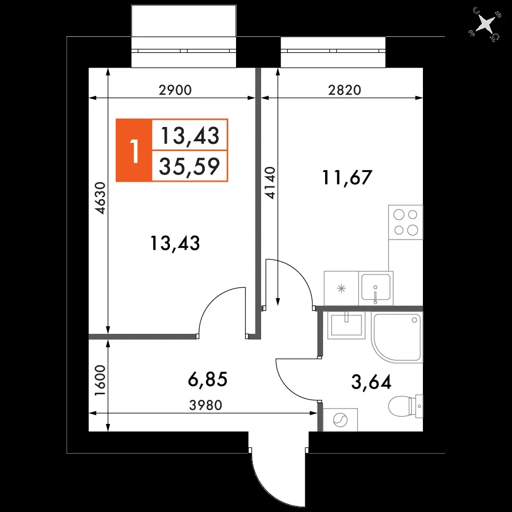 1-комнатная, 35,3 м² — 6 195 914 ₽
