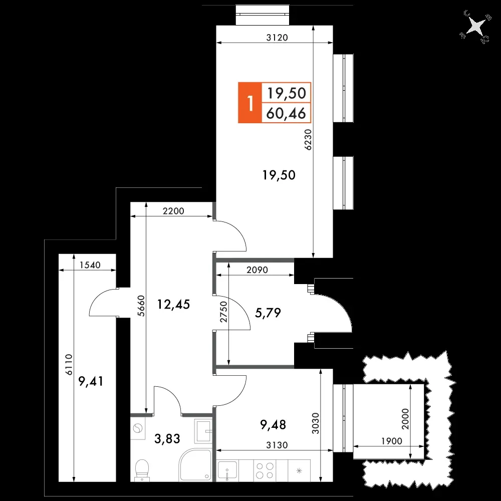 1-комнатная, 60,3 м² — 8 100 398 ₽