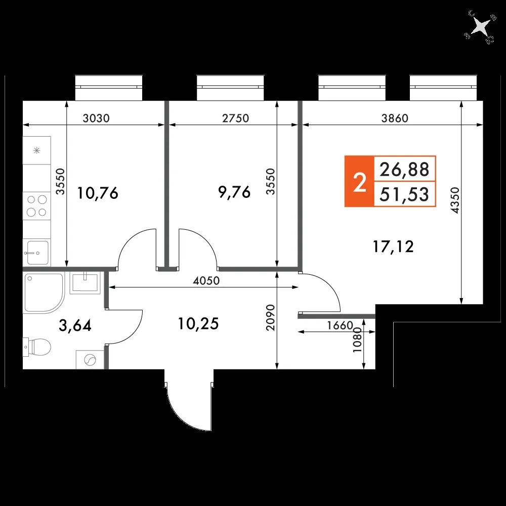 2-комнатная, 51,5 м² — 8 411 780 ₽