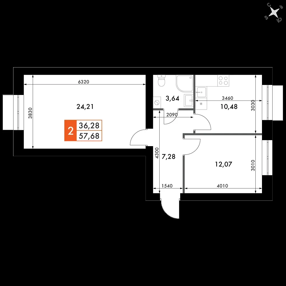 2-комнатная, 57,6 м² — 8 876 389 ₽