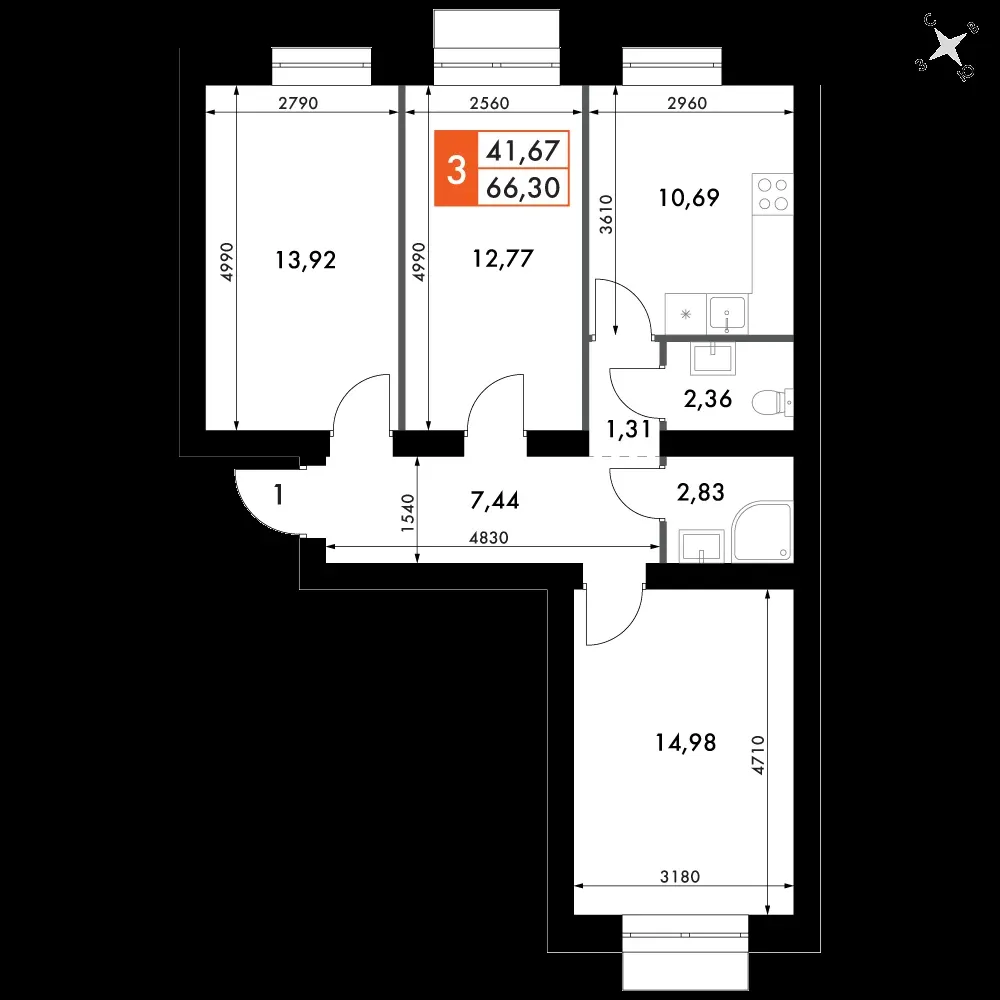 3-комнатная, 65,8 м² — 9 513 484 ₽