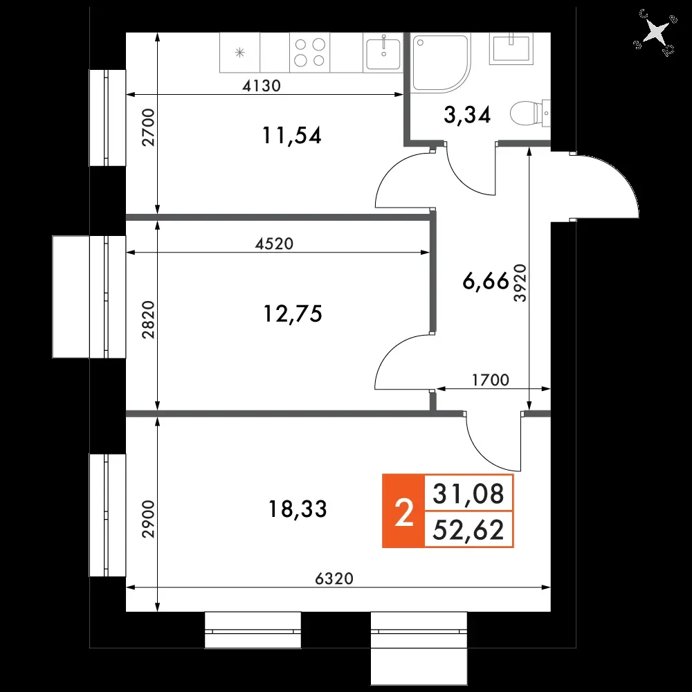 2-комнатная, 52,5 м² — 8 680 625 ₽
