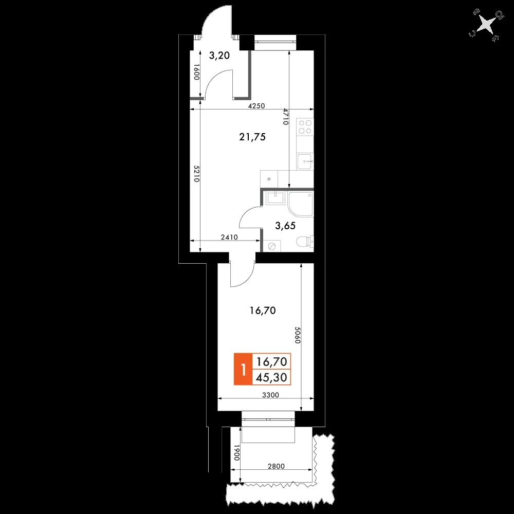 1-комнатная, 45,4 м² — 7 840 274 ₽