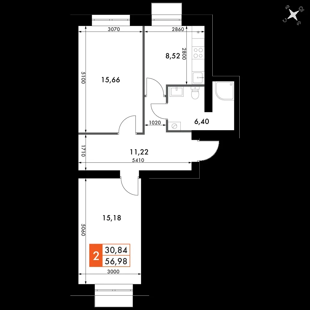 2-комнатная, 57,4 м² — 8 837 628 ₽