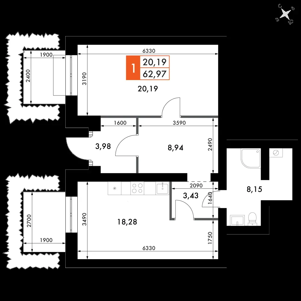 1-комнатная, 62,5 м² — 9 004 044 ₽