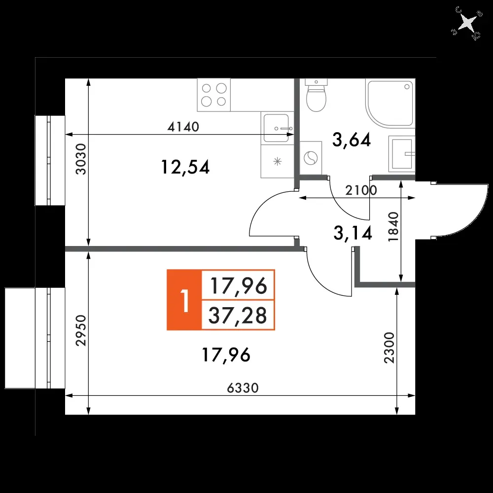 1-комнатная, 36,8 м² — 6 427 180 ₽