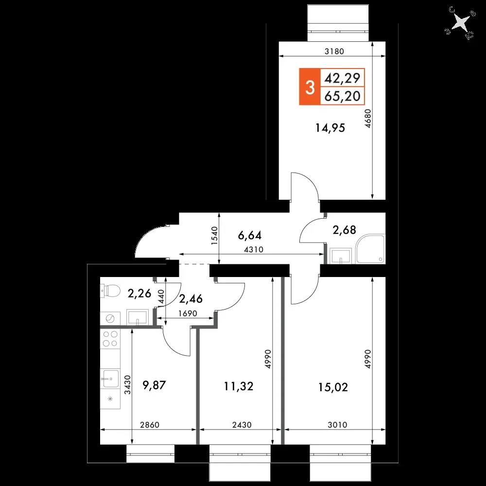 3-комнатная, 65,2 м² — 9 330 304 ₽