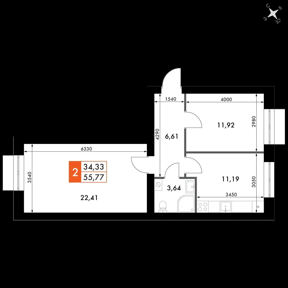 2-комнатная, 55,2 м² — 8 482 479 ₽
