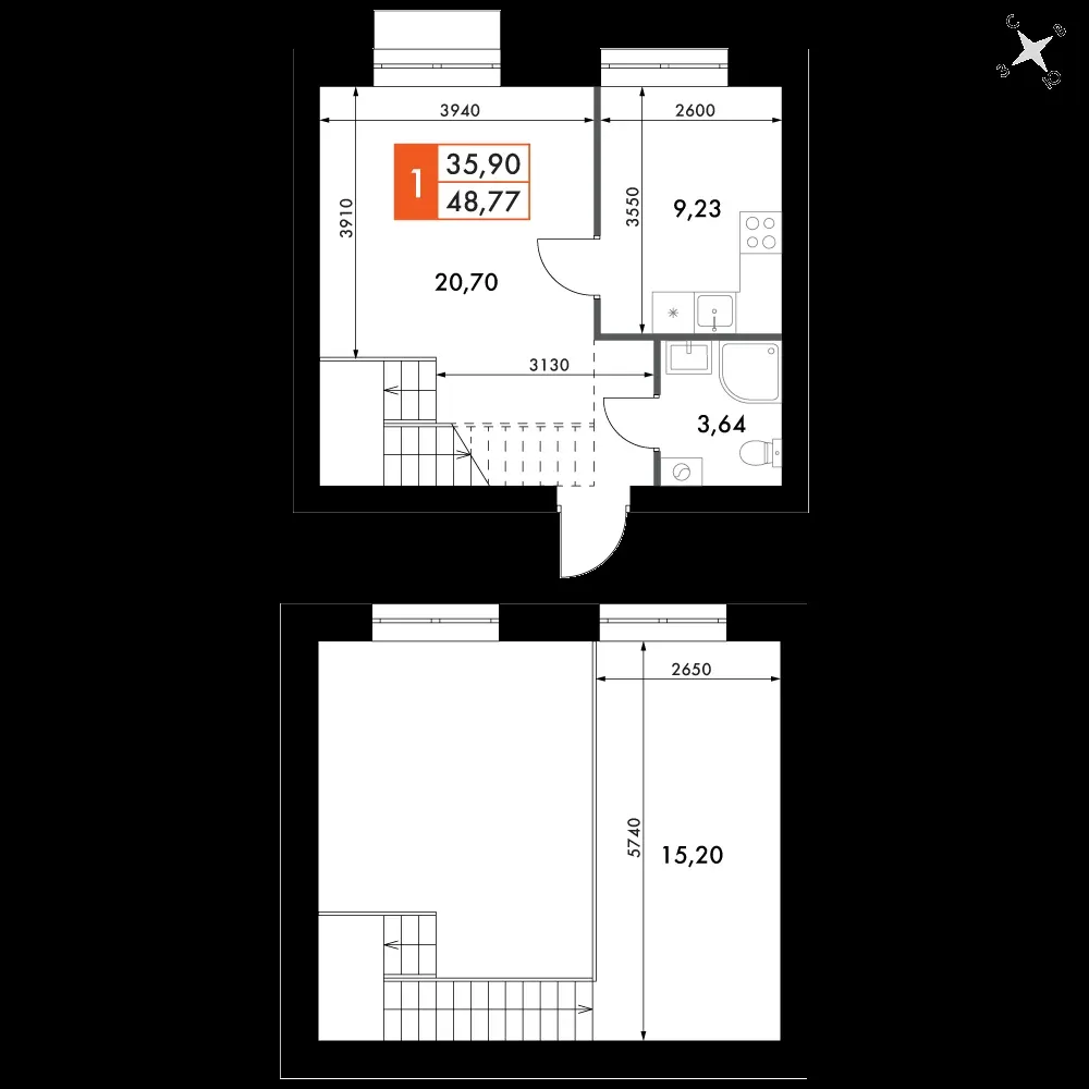 1-комнатная, 47,8 м² — 7 858 673 ₽