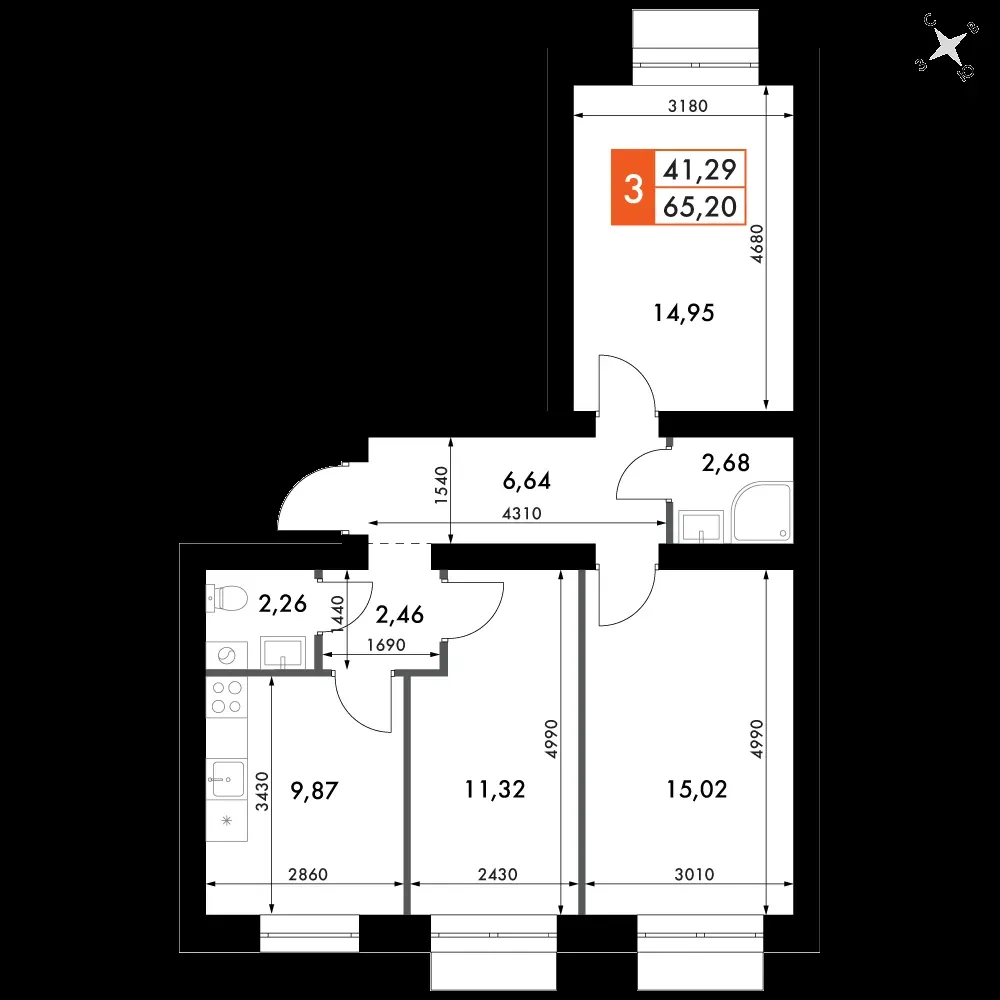 3-комнатная, 65,2 м² — 9 426 734 ₽