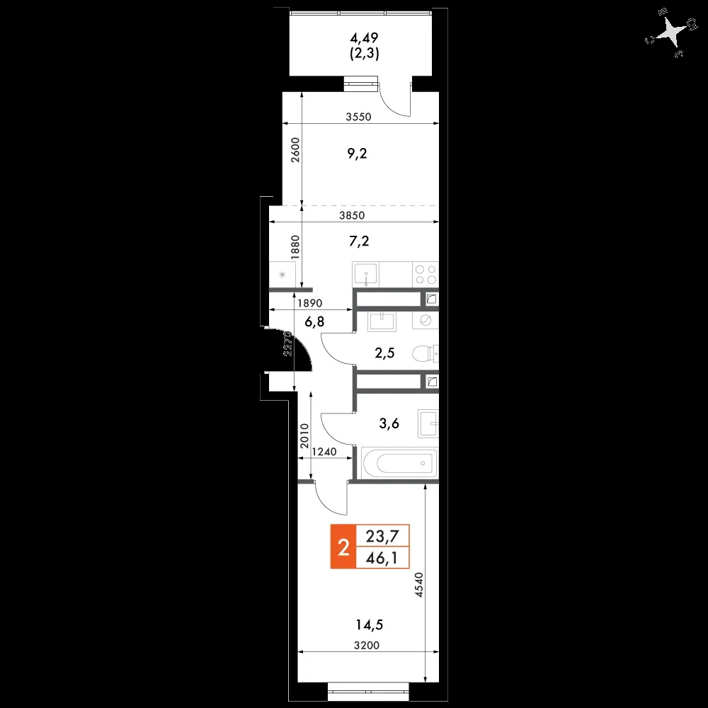 2-комнатная, 46,5 м² — 7 736 936 ₽