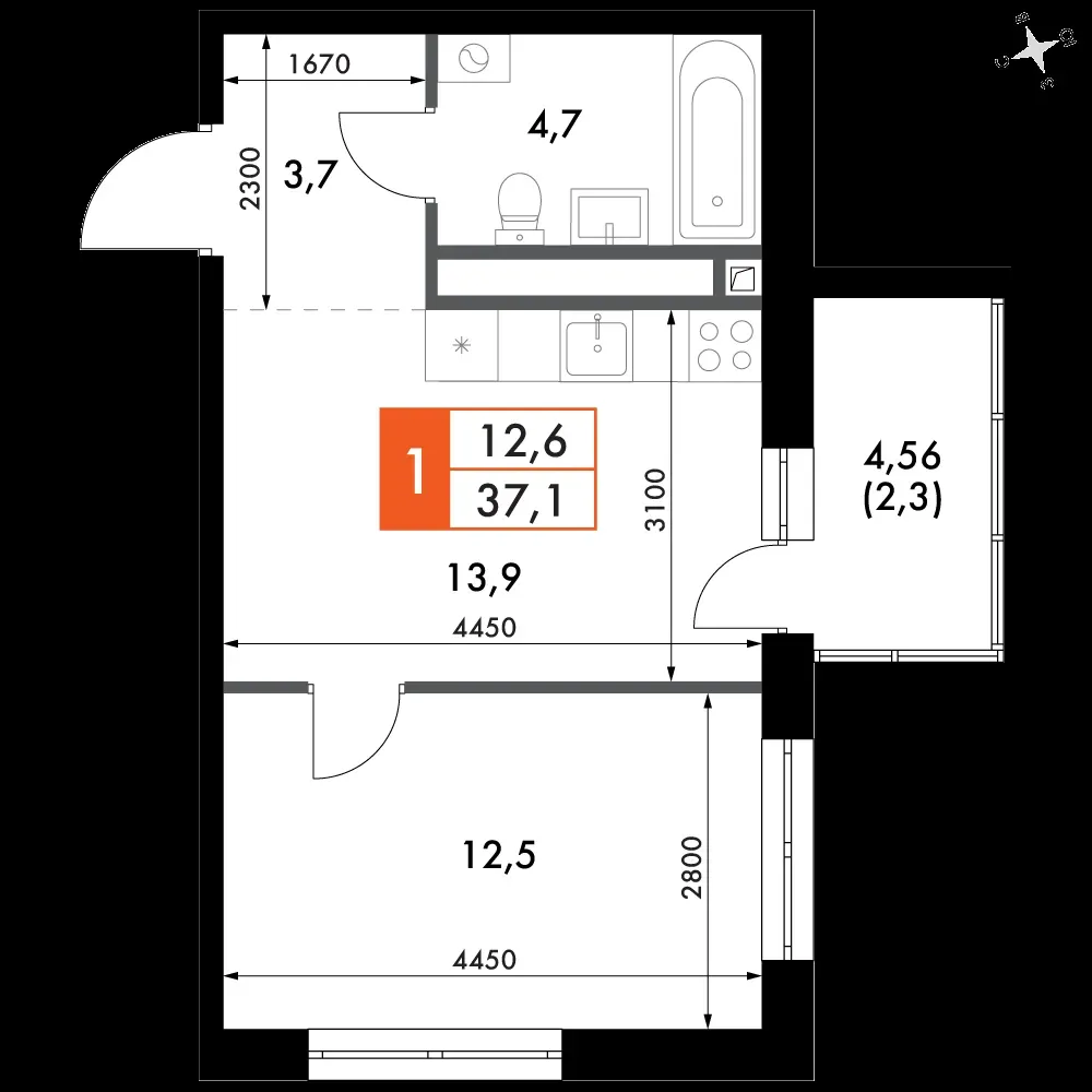 1-комнатная, 43,6 м² — 7 774 189 ₽