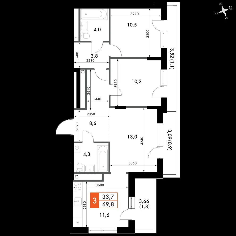 3-комнатная, 69,8 м² — 11 244 780 ₽