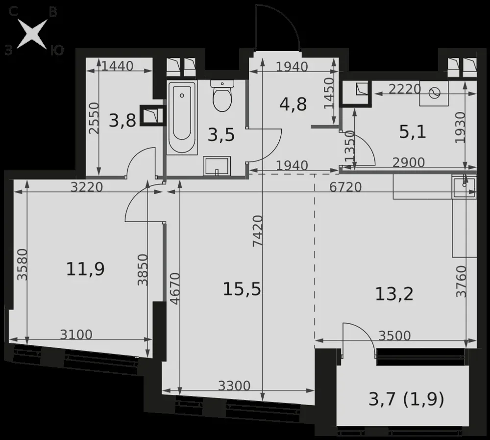 2-комнатная, 59,7 м² — 38 447 039 ₽