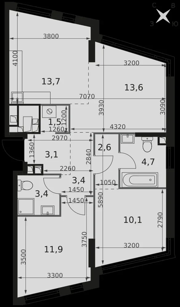 3-комнатная, 68 м² — 45 147 648 ₽
