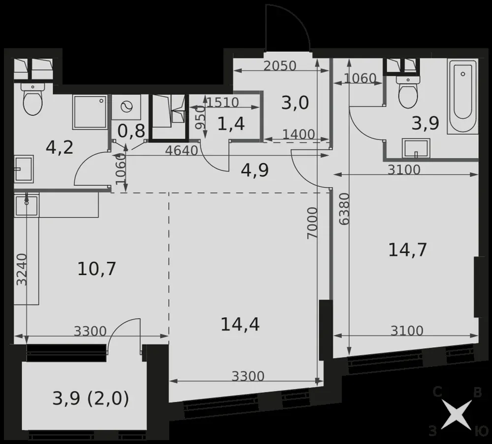 2-комнатная, 60 м² — 40 055 340 ₽