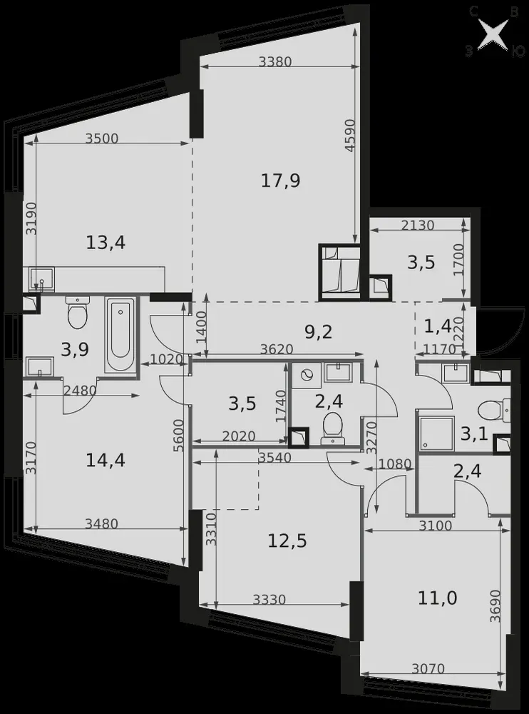 4-комнатная, 98,6 м² — 57 446 726 ₽