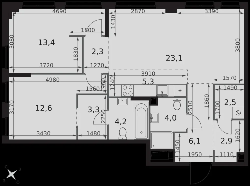 3-комнатная, 79,7 м² — 50 124 446 ₽