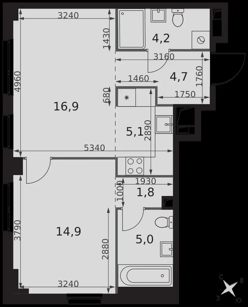 2-комнатная, 52,6 м² — 34 001 429 ₽