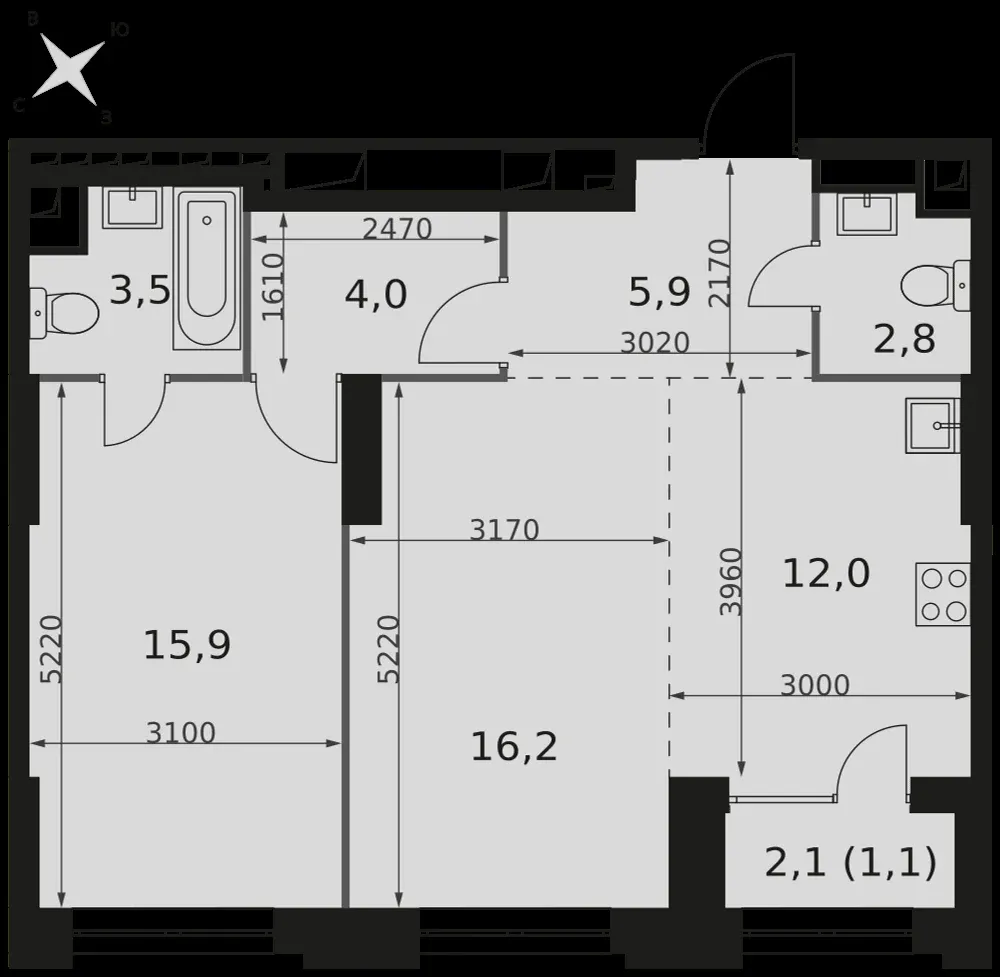 2-комнатная, 61,4 м² — 40 711 147 ₽