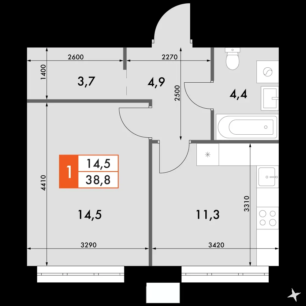 1-комнатная, 38,7 м² — 9 758 322 ₽