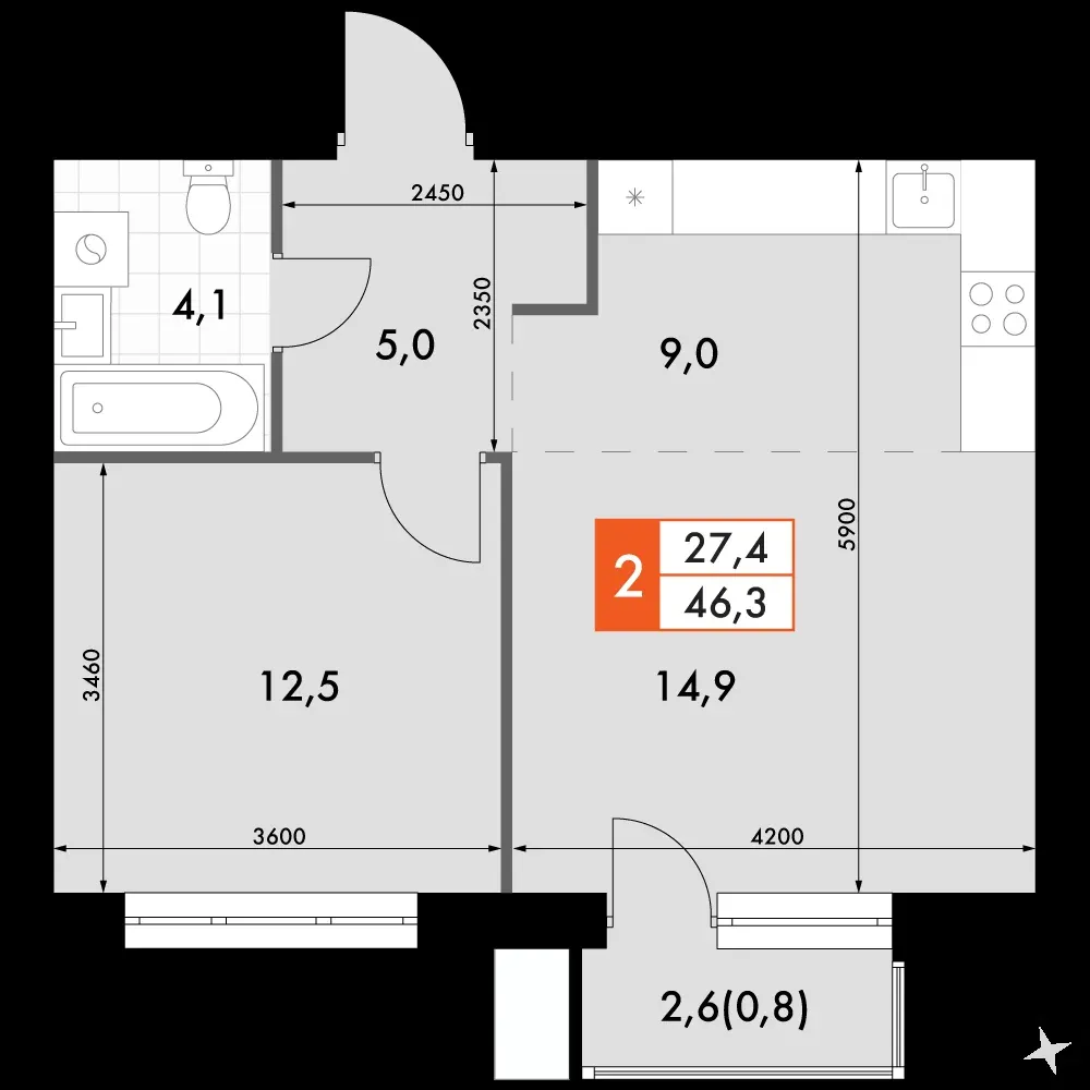 2-комнатная, 46,3 м² — 10 974 927 ₽