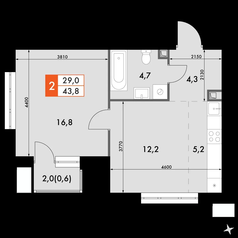 2-комнатная, 43,8 м² — 10 427 870 ₽