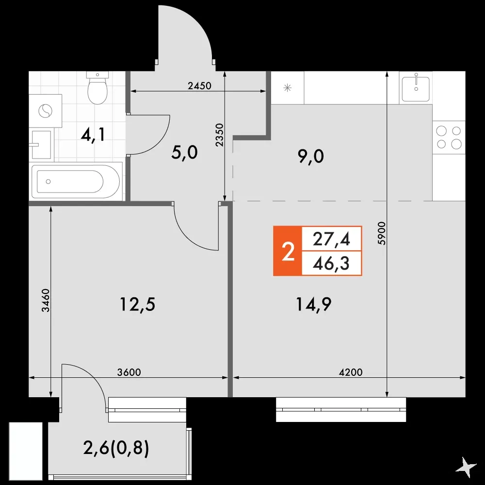 2-комнатная, 46,3 м² — 10 929 553 ₽