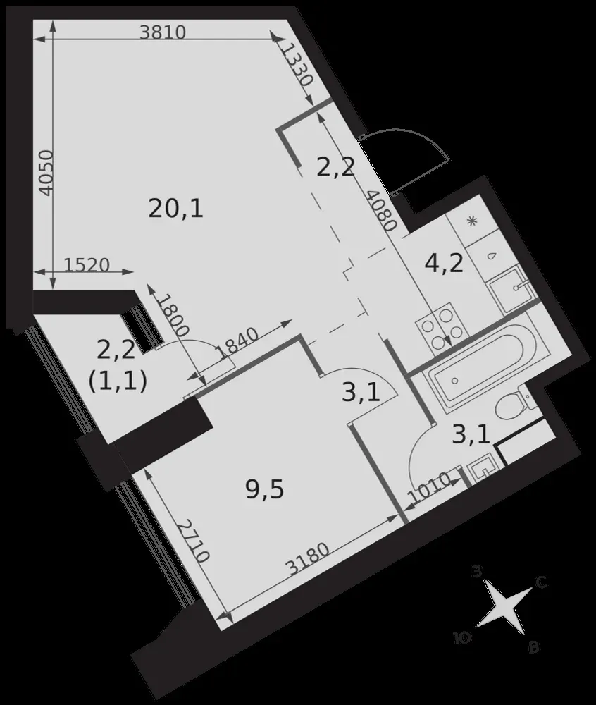 2-комнатная, 43,3 м² — 24 845 540 ₽