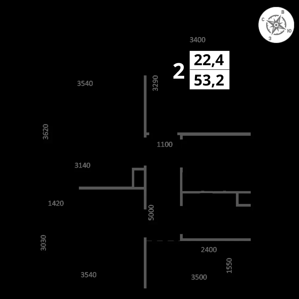 2-комнатная, 53,2 м² — 22 122 156 ₽
