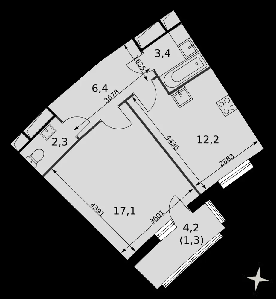 1-комнатная, 42,7 м² — 10 727 094 ₽
