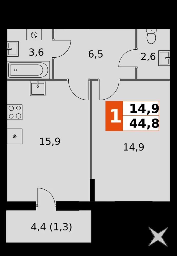 1-комнатная, 44,8 м² — 6 209 504 ₽