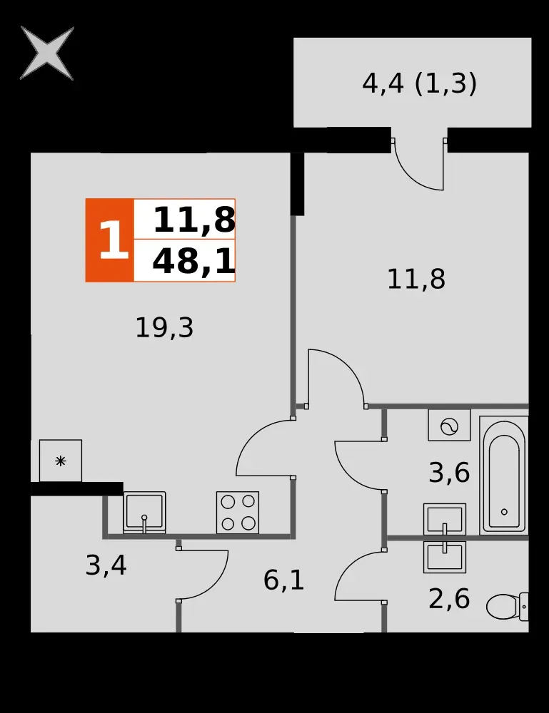1-комнатная, 48,1 м² — 6 347 036 ₽
