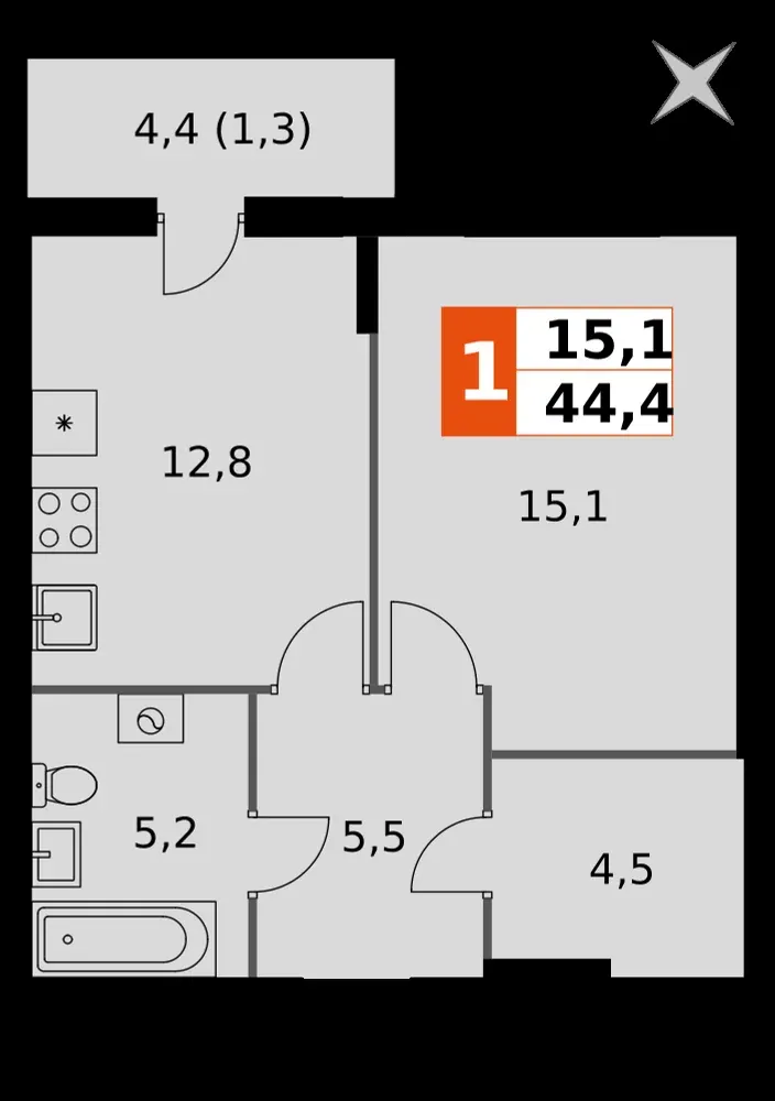 1-комнатная, 44,4 м² — 6 196 242 ₽