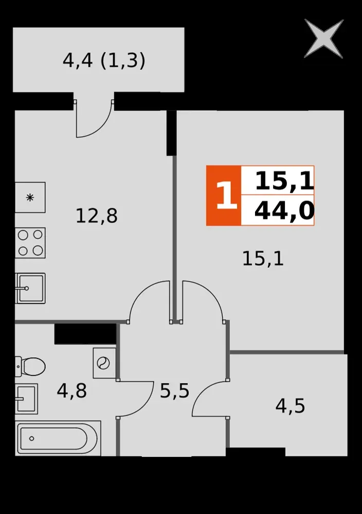 1-комнатная, 44 м² — 6 161 320 ₽