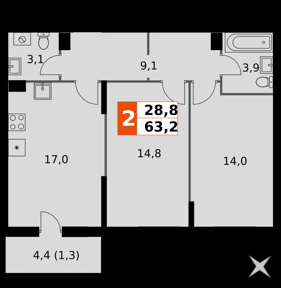 2-комнатная, 63,2 м² — 10 599 398 ₽