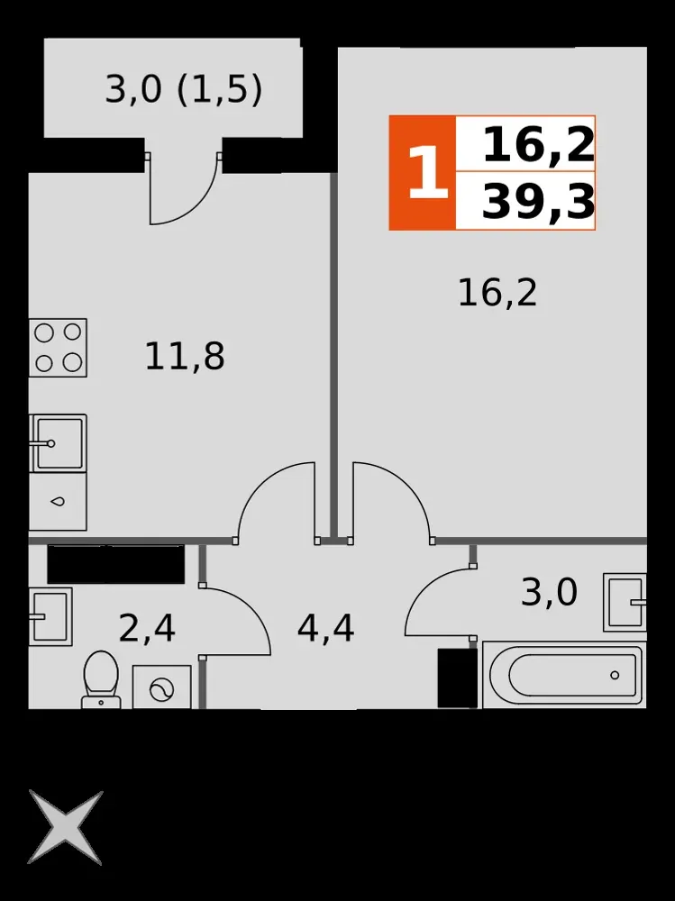 1-комнатная, 39,3 м² — 6 240 211 ₽