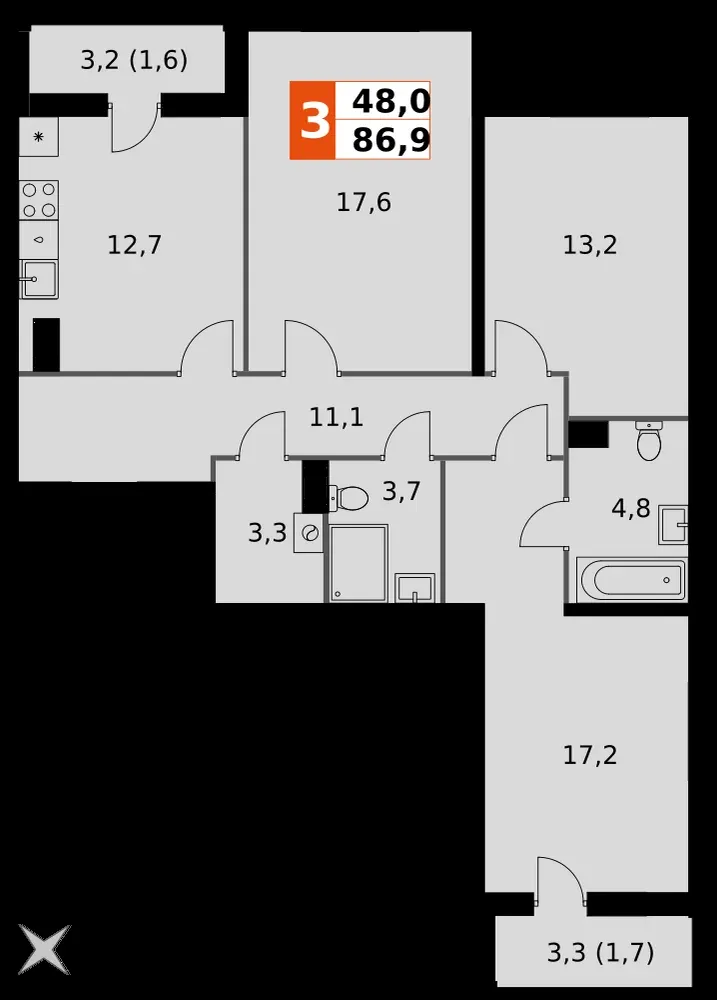 3-комнатная, 86,9 м² — 13 289 443 ₽