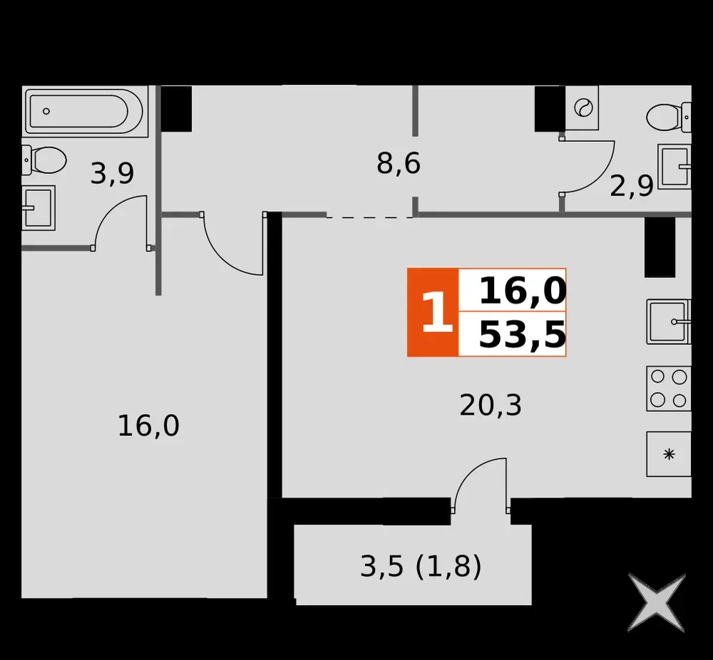 1-комнатная, 53,5 м² — 8 135 424 ₽
