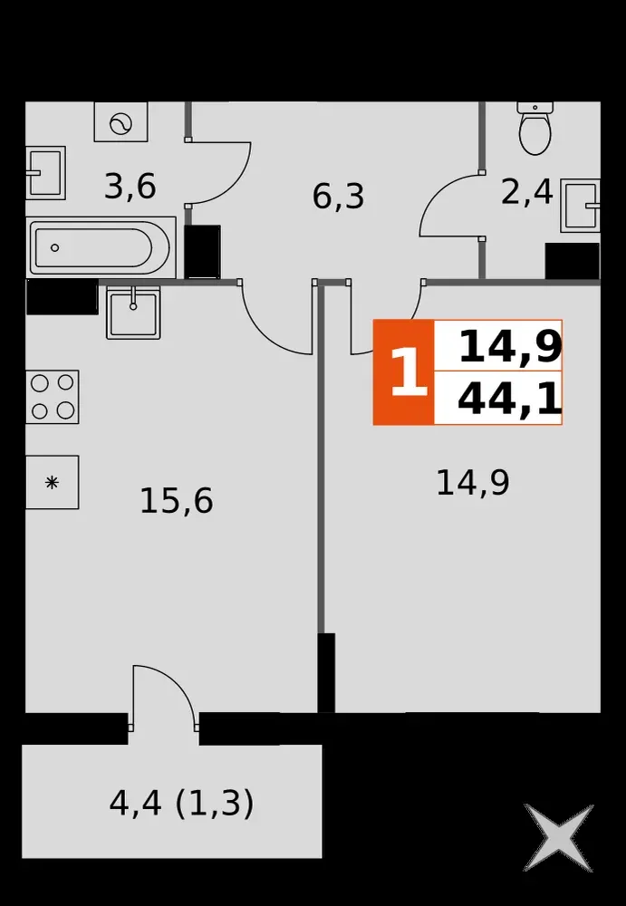 1-комнатная, 44,1 м² — 6 238 166 ₽