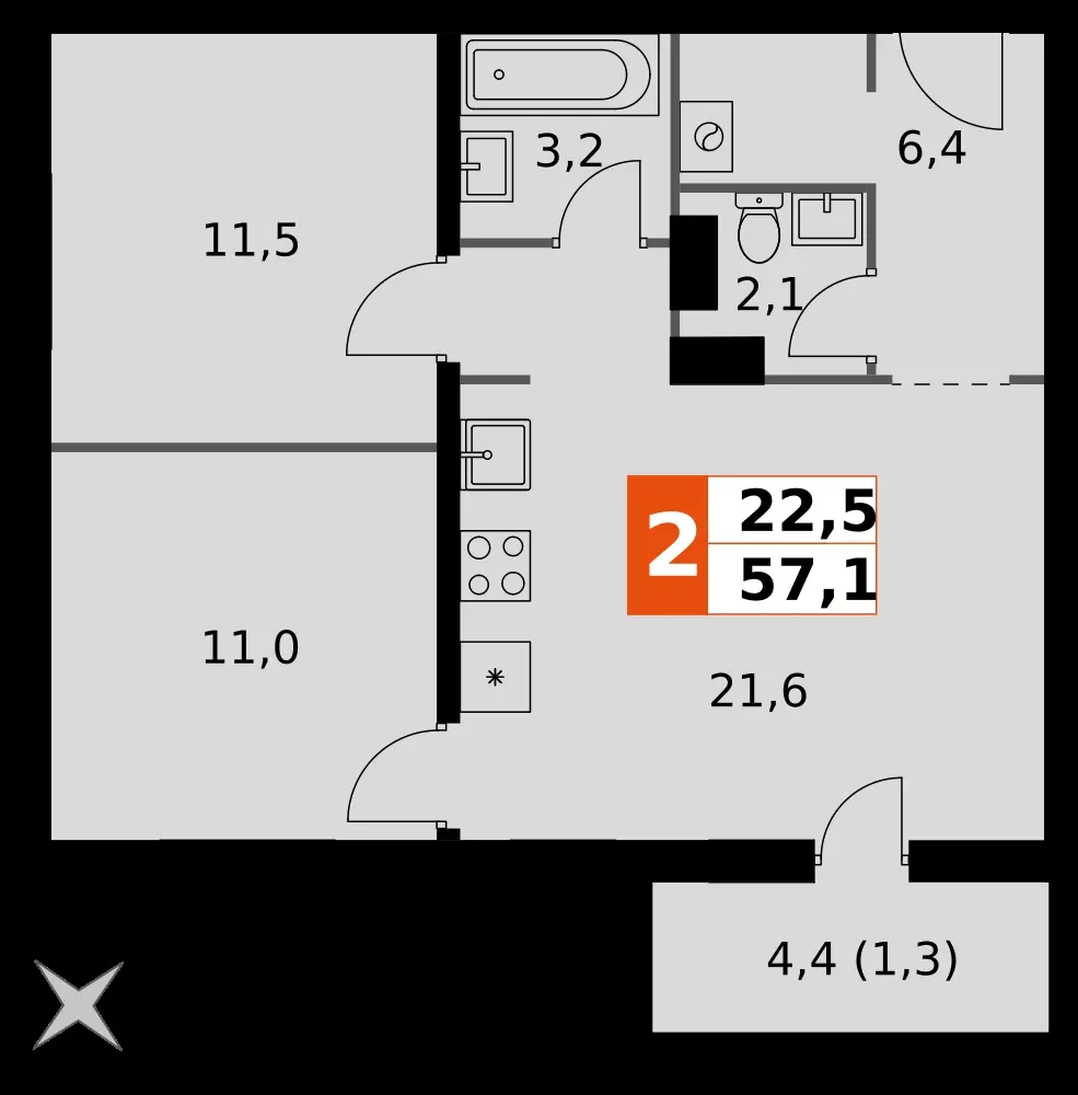 2-комнатная, 57,1 м² — 8 624 955 ₽